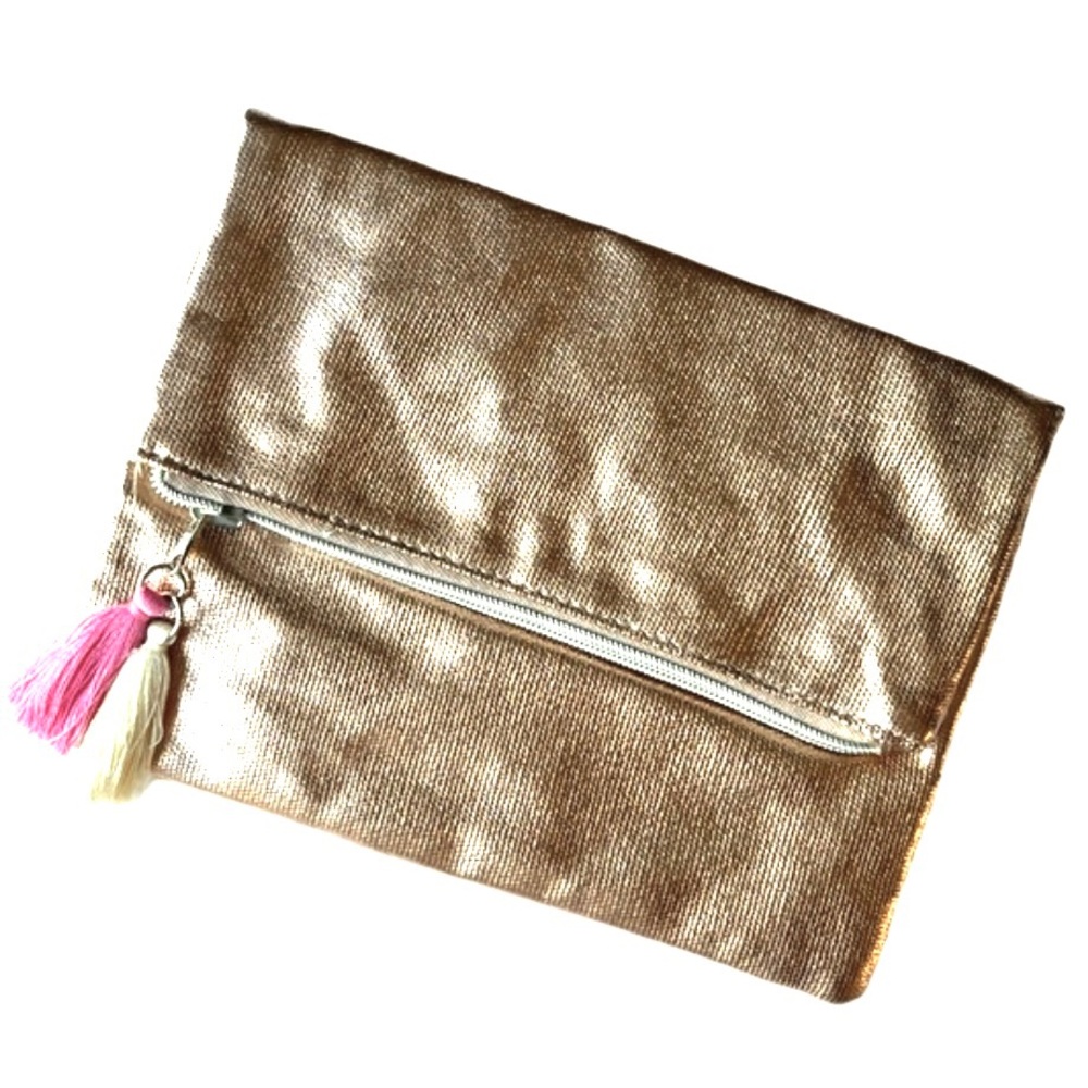 Rose Gold Foldover Clutch With Pink and Cream Tassels